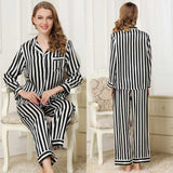 Womens Striped Long Sleeve Silk Pajamas Set Black XS