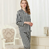 Womens Striped Long Sleeve Silk Pajamas Set Black XS