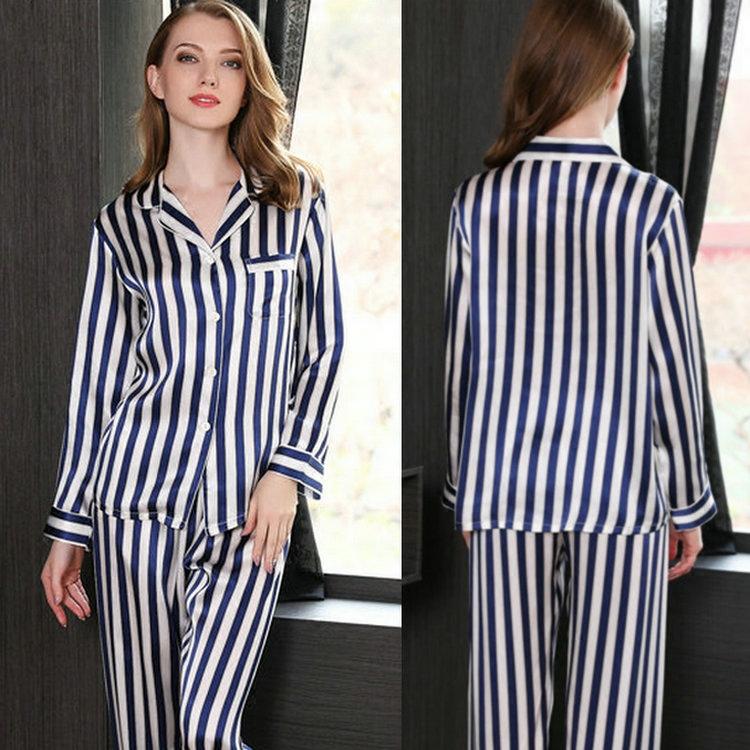 Womens Striped Long Sleeve Silk Pajamas Set Navy Blue XS