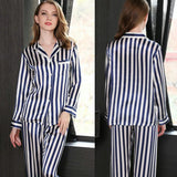 Womens Striped Long Sleeve Silk Pajamas Set Navy Blue XS