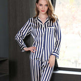 Womens Striped Long Sleeve Silk Pajamas Set Navy Blue XS