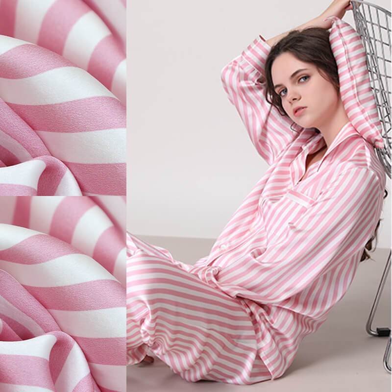 Women's Striped Silk Pajama Set 100% Stripe Silk Pjs Pink XS