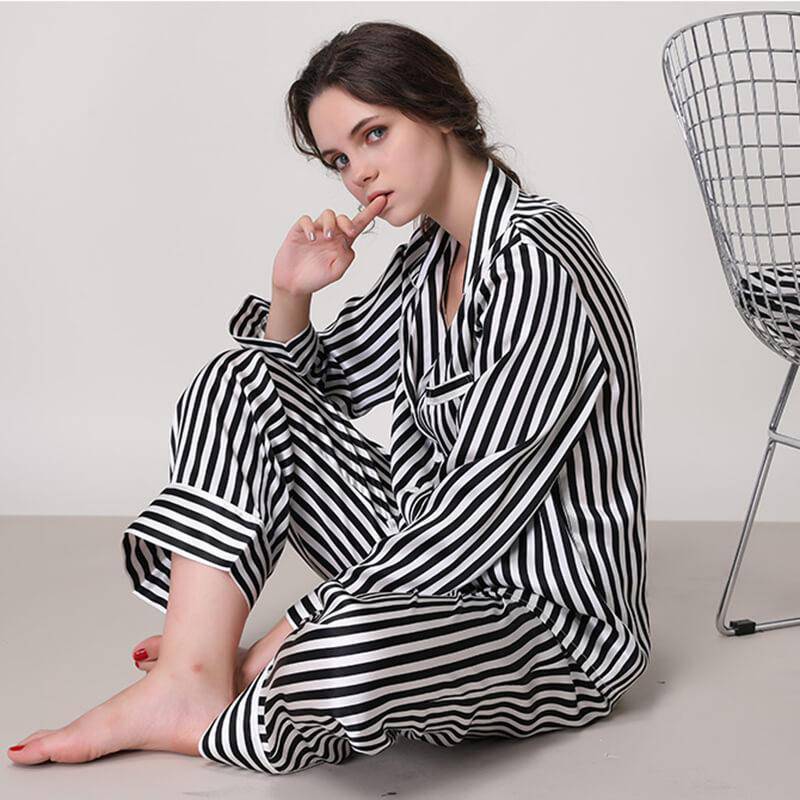 Women's Striped Silk Pajama Set 100% Stripe Silk Pjs Black XS