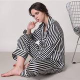 Women's Striped Silk Pajama Set 100% Stripe Silk Pjs Black XS