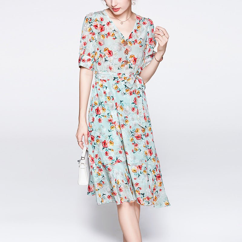 Women's Summer Silk Floral Dress V Neck Guest Party Silk Midi Dress Light Green S