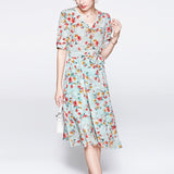 Women's Summer Silk Floral Dress V Neck Guest Party Silk Midi Dress Light Green S