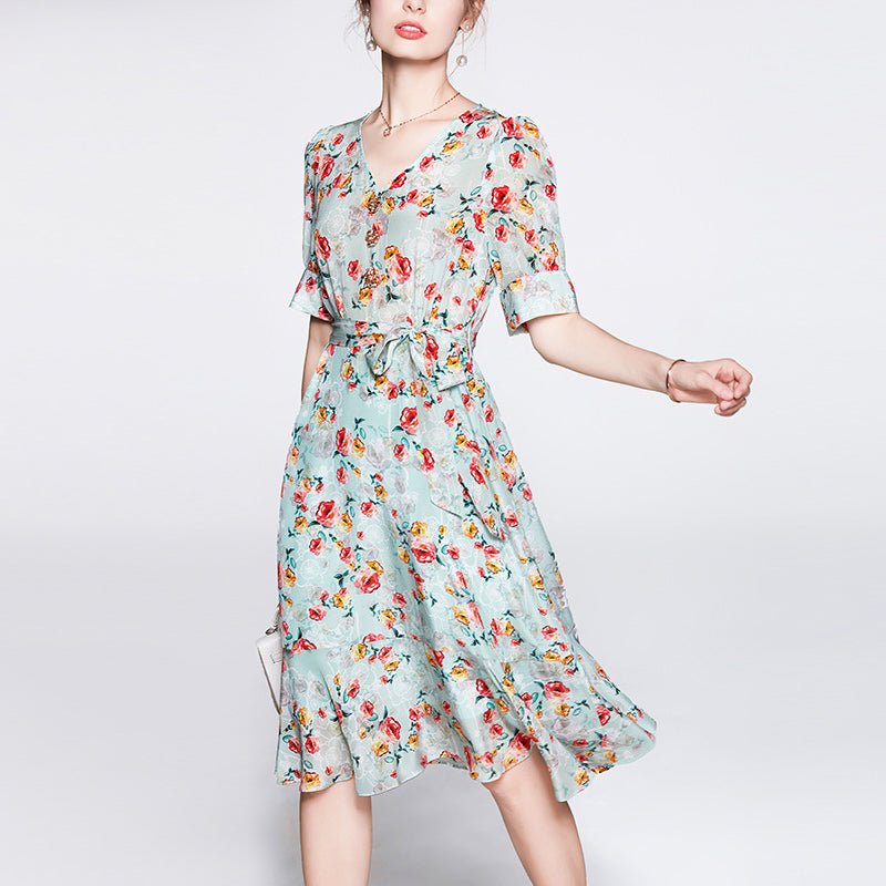 Women's Summer Silk Floral Dress V Neck Guest Party Silk Midi Dress Light Green S