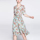 Women's Summer Silk Floral Dress V Neck Guest Party Silk Midi Dress Light Green S