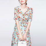 Women's Summer Silk Floral Dress V Neck Guest Party Silk Midi Dress Light Green S