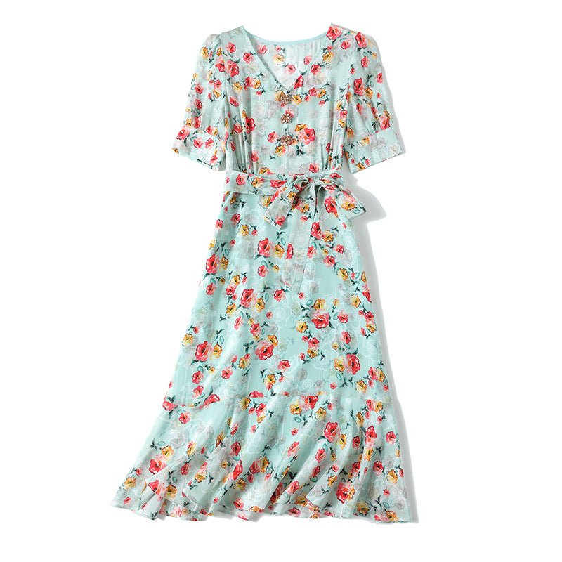 Women's Summer Silk Floral Dress V Neck Guest Party Silk Midi Dress Light Green S