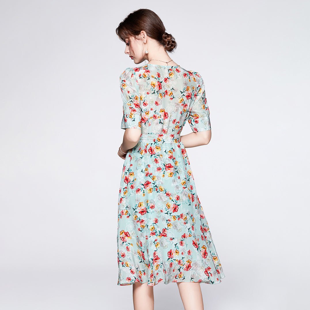 Women's Summer Silk Floral Dress V Neck Guest Party Silk Midi Dress Light Green S