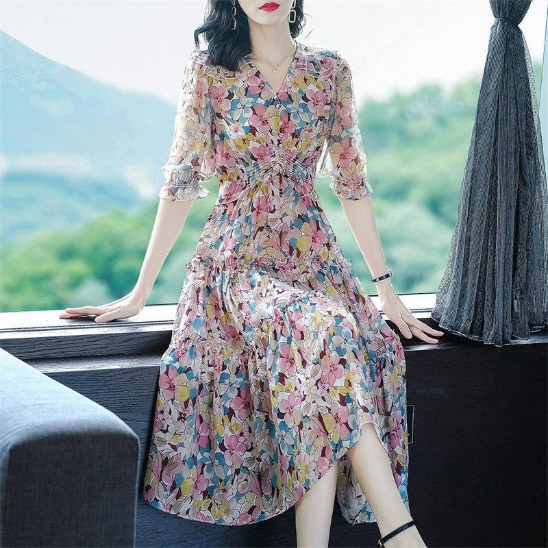 Women's Summer Silk Floral Print Dress V Neck Silk Casual Dresses Pink XS