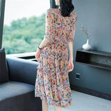 Women's Summer Silk Floral Print Dress V Neck Silk Casual Dresses Pink XS