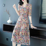 Women's Summer Silk Floral Print Dress V Neck Silk Casual Dresses Pink XS