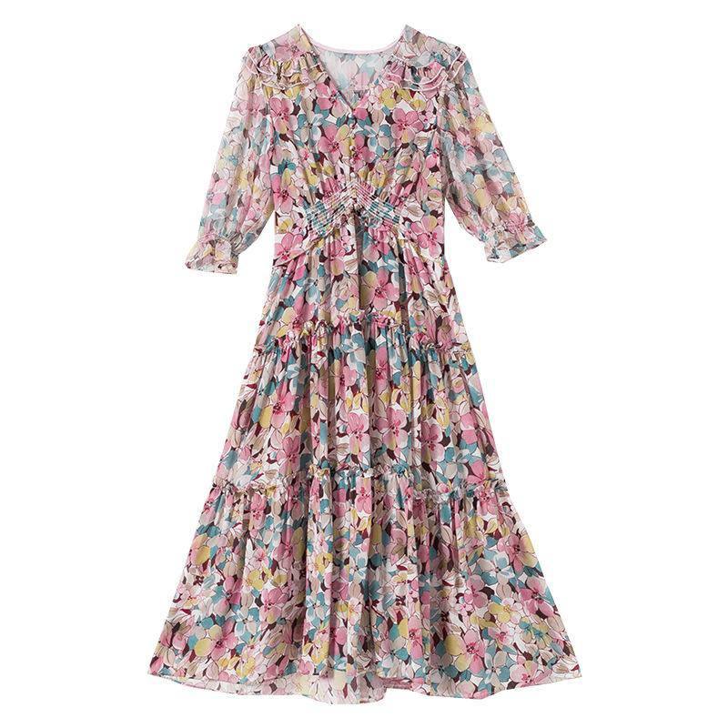 Women's Summer Silk Floral Print Dress V Neck Silk Casual Dresses Pink XS