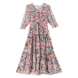 Women's Summer Silk Floral Print Dress V Neck Silk Casual Dresses Pink XS