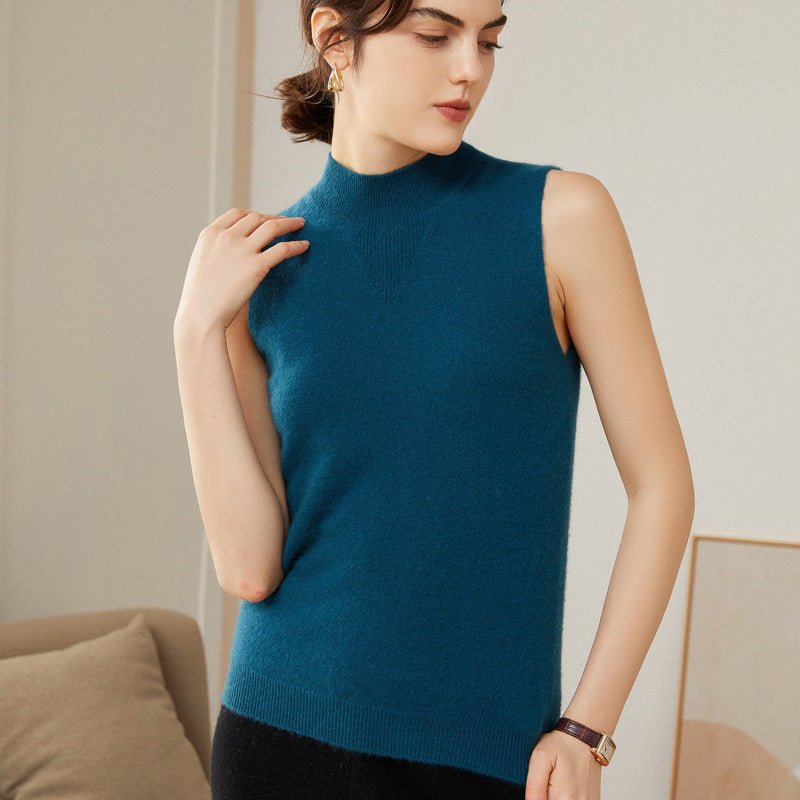 Womens Cashmere Sleeveless Mock Neck Sweater Cashmere Tank Ocean Blue XS