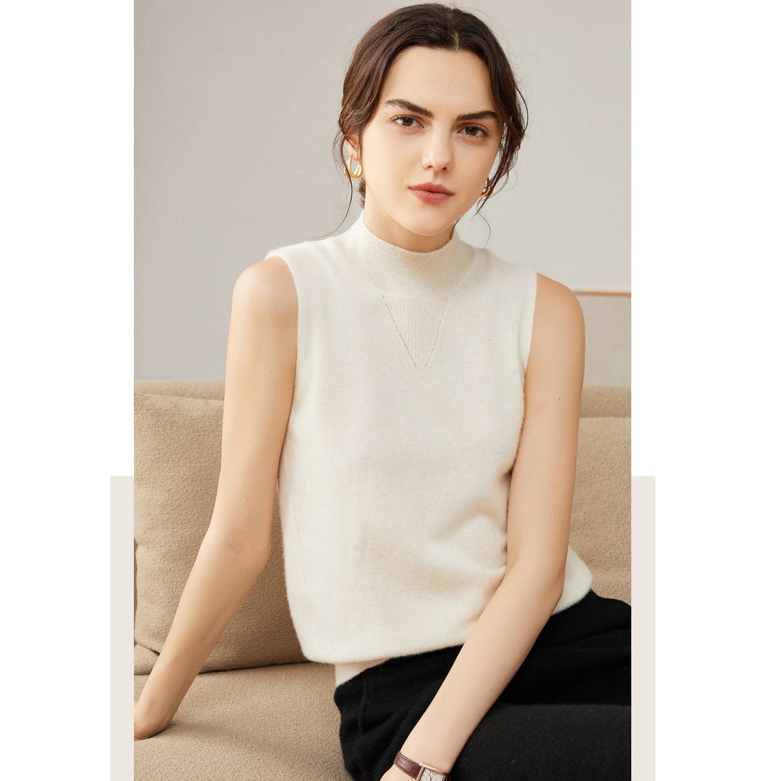 Womens Cashmere Sleeveless Mock Neck Sweater Cashmere Tank Ivory XS