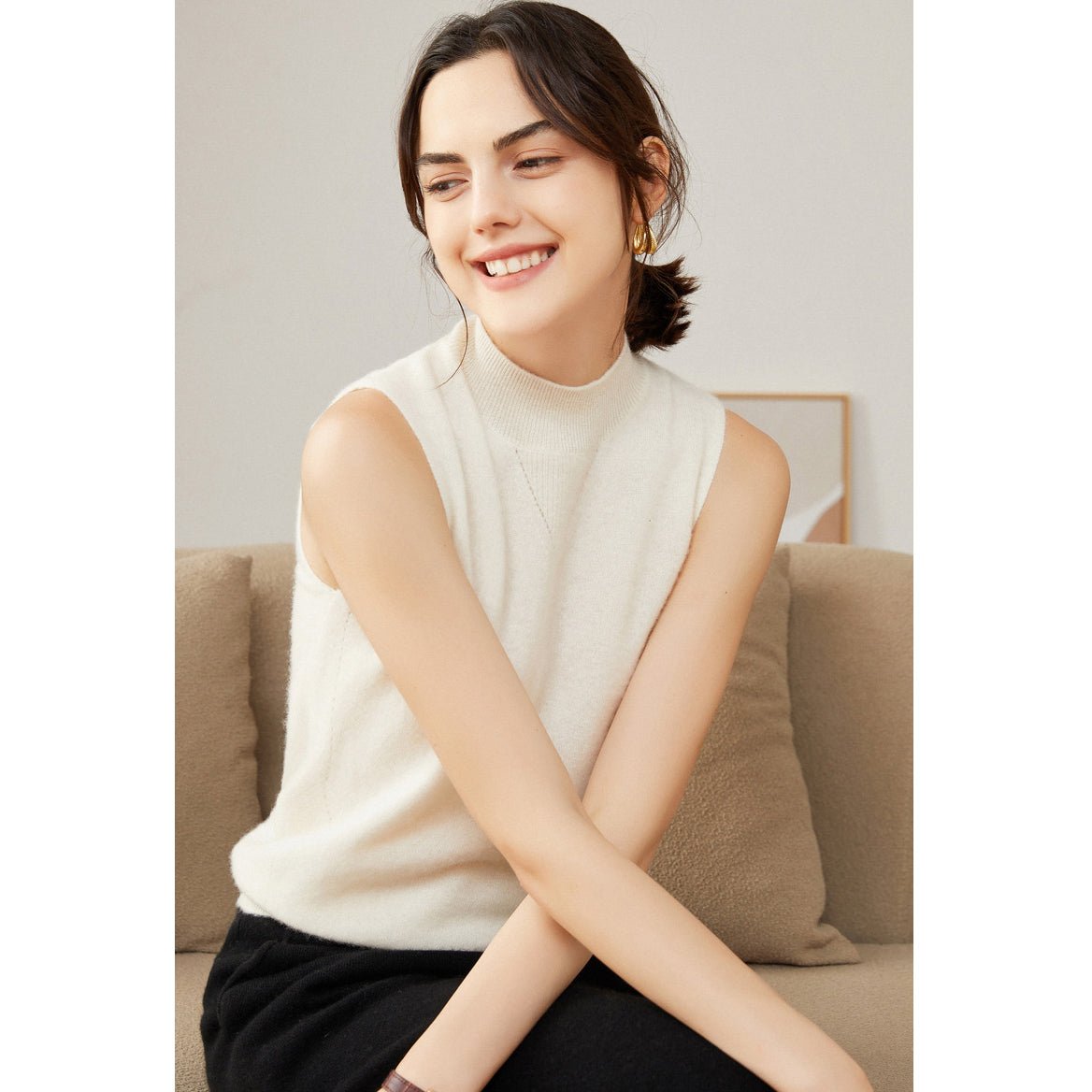 Womens Cashmere Sleeveless Mock Neck Sweater Cashmere Tank Ivory XS