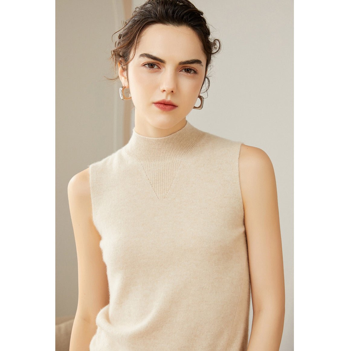 Womens Cashmere Sleeveless Mock Neck Sweater Cashmere Tank Beige XS