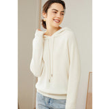 Womens Pure Cashmere Hoodie With Ribbed Cuffs 100% Cashmere Hoody Top Ivory XS