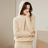 Womens Pure Cashmere Hoodie With Ribbed Cuffs 100% Cashmere Hoody Top Beige XS