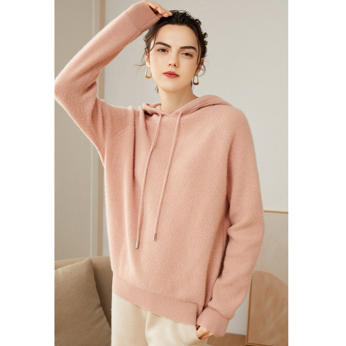 Womens Pure Cashmere Hoodie With Ribbed Cuffs 100% Cashmere Hoody Top Pink XS