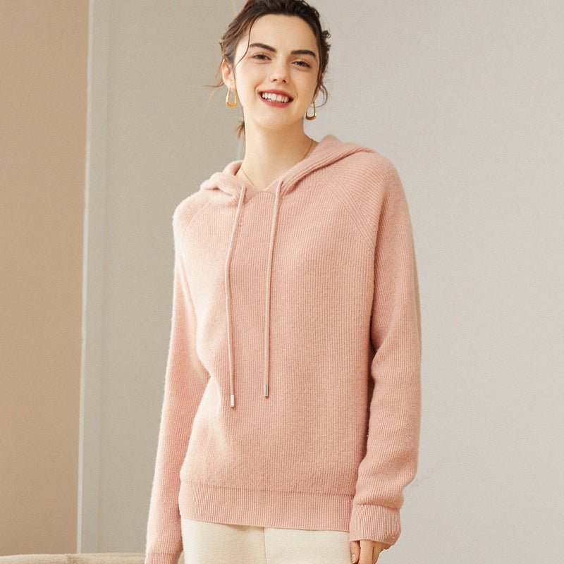 Womens Pure Cashmere Hoodie With Ribbed Cuffs 100% Cashmere Hoody Top Pink XS