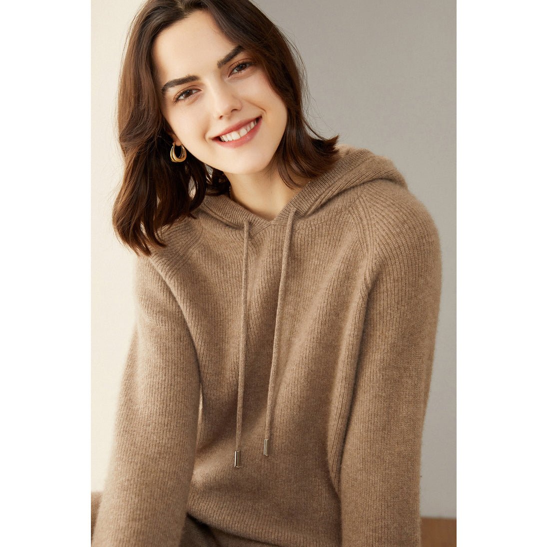 Womens Pure Cashmere Hoodie With Ribbed Cuffs 100% Cashmere Hoody Top Taupe XS