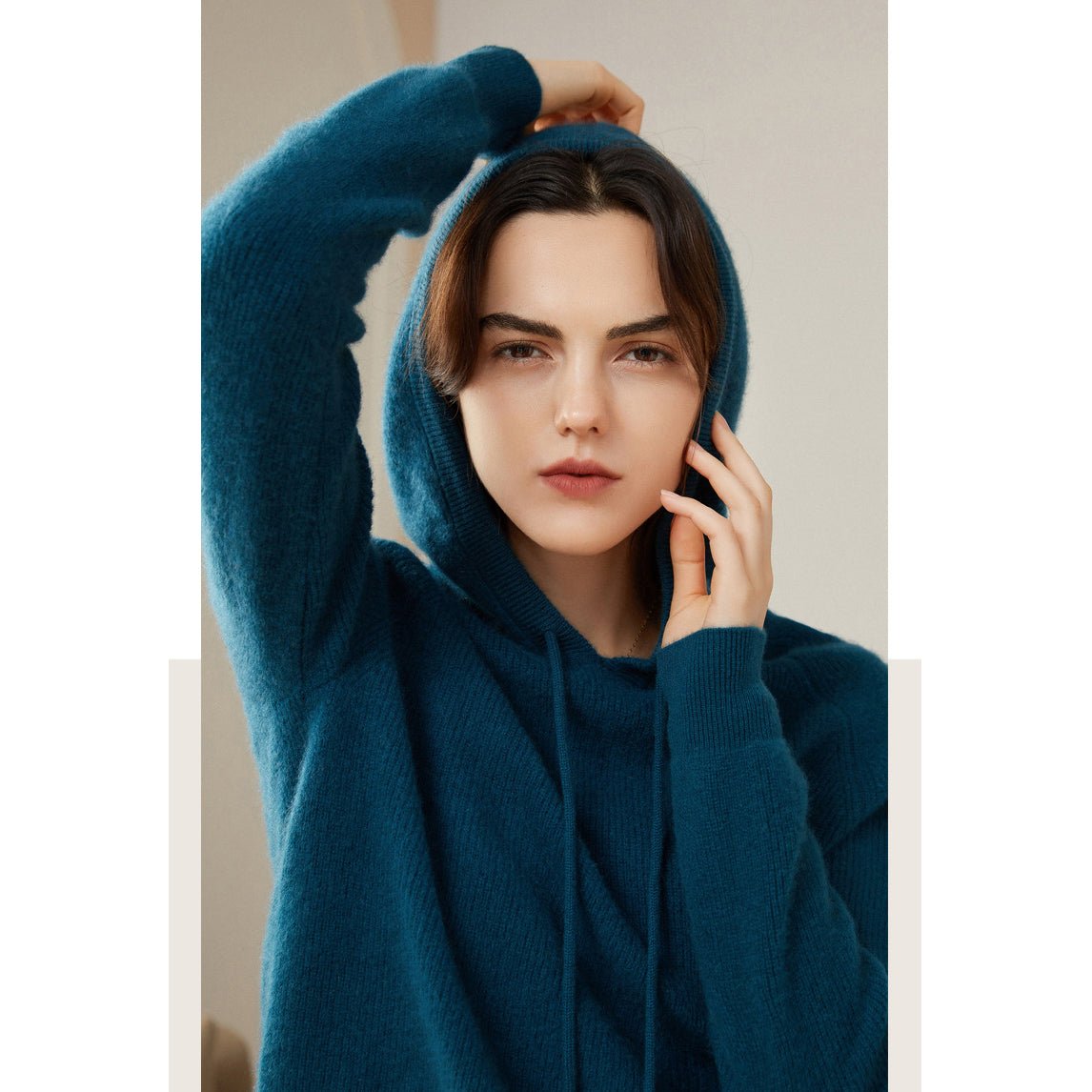 Womens Pure Cashmere Hoodie With Ribbed Cuffs 100% Cashmere Hoody Top Ocean Blue XS