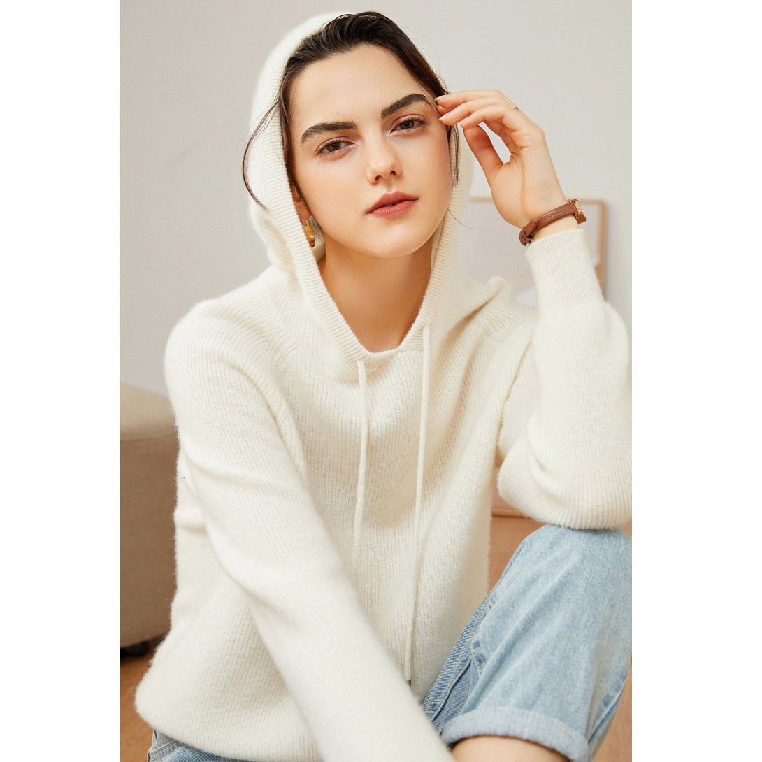 Womens Pure Cashmere Hoodie With Ribbed Cuffs 100% Cashmere Hoody Top Ivory XS