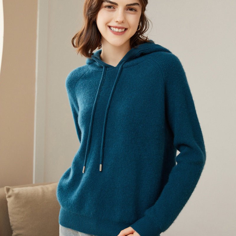 Womens Pure Cashmere Hoodie With Ribbed Cuffs 100% Cashmere Hoody Top Ocean Blue XS