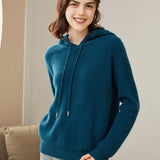 Womens Pure Cashmere Hoodie With Ribbed Cuffs 100% Cashmere Hoody Top Ocean Blue XS