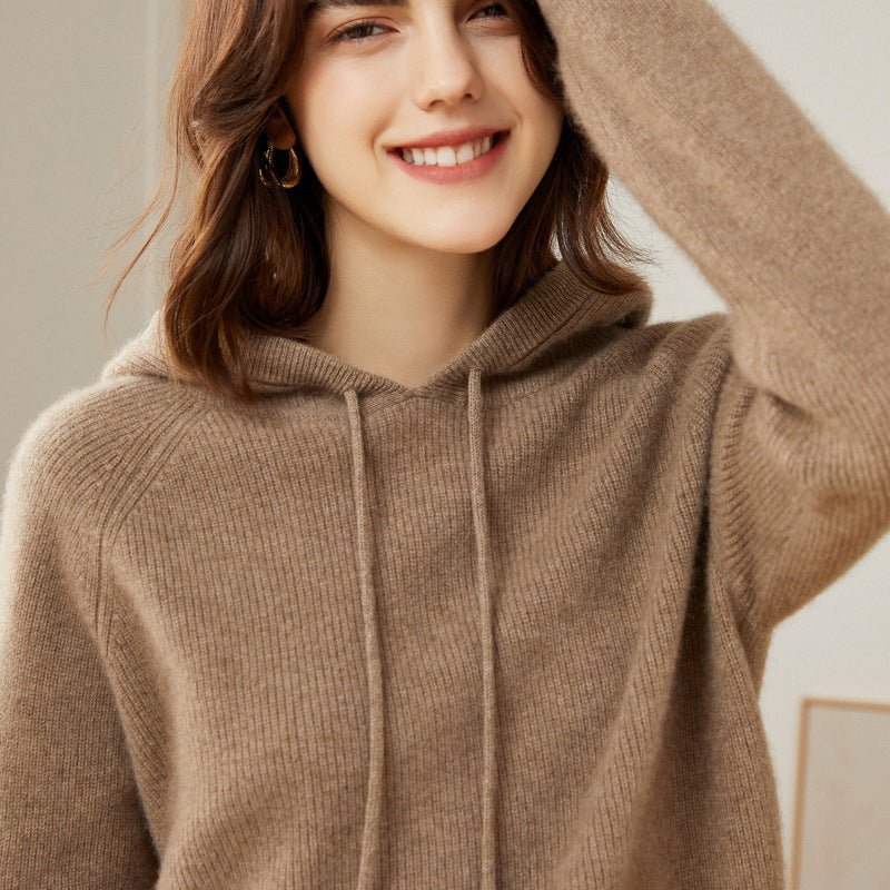 Womens Pure Cashmere Hoodie With Ribbed Cuffs 100% Cashmere Hoody Top Taupe XS