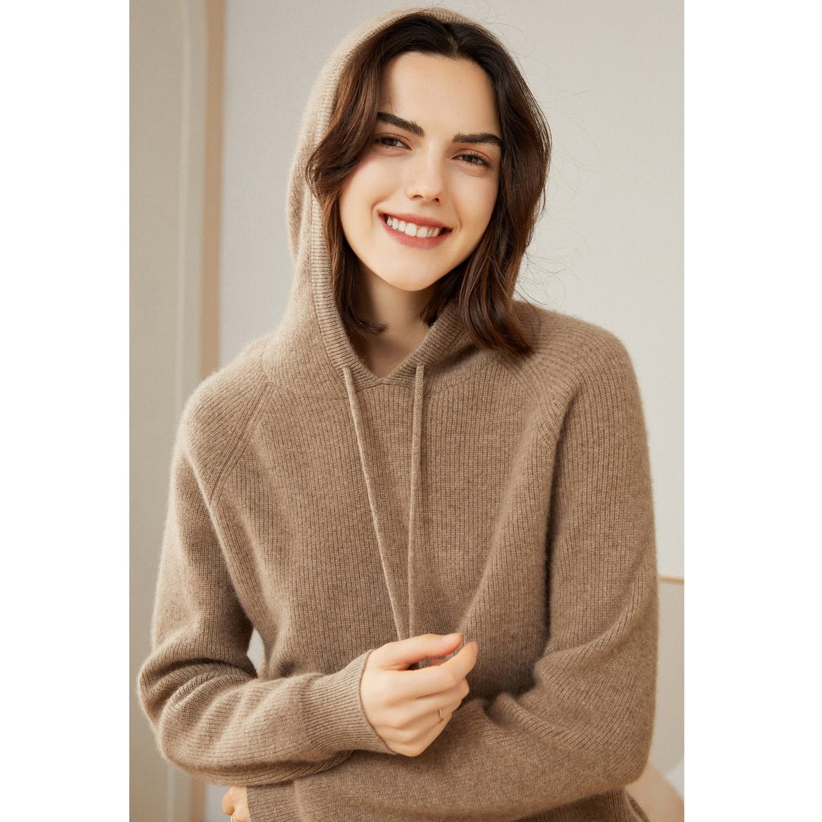 Womens Pure Cashmere Hoodie With Ribbed Cuffs 100% Cashmere Hoody Top Taupe XS