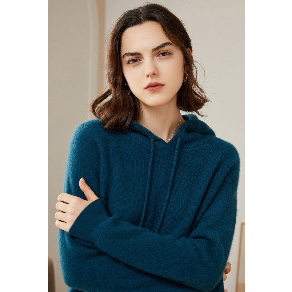 Womens Pure Cashmere Hoodie With Ribbed Cuffs 100% Cashmere Hoody Top Ocean Blue XS