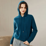 Womens Pure Cashmere Hoodie With Ribbed Cuffs 100% Cashmere Hoody Top Ocean Blue XS