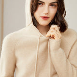 Womens Pure Cashmere Hoodie With Ribbed Cuffs 100% Cashmere Hoody Top Beige XS