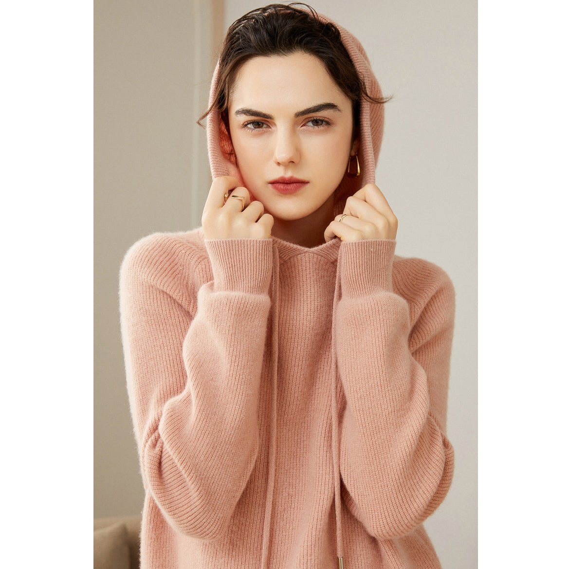 Womens Pure Cashmere Hoodie With Ribbed Cuffs 100% Cashmere Hoody Top Pink XS