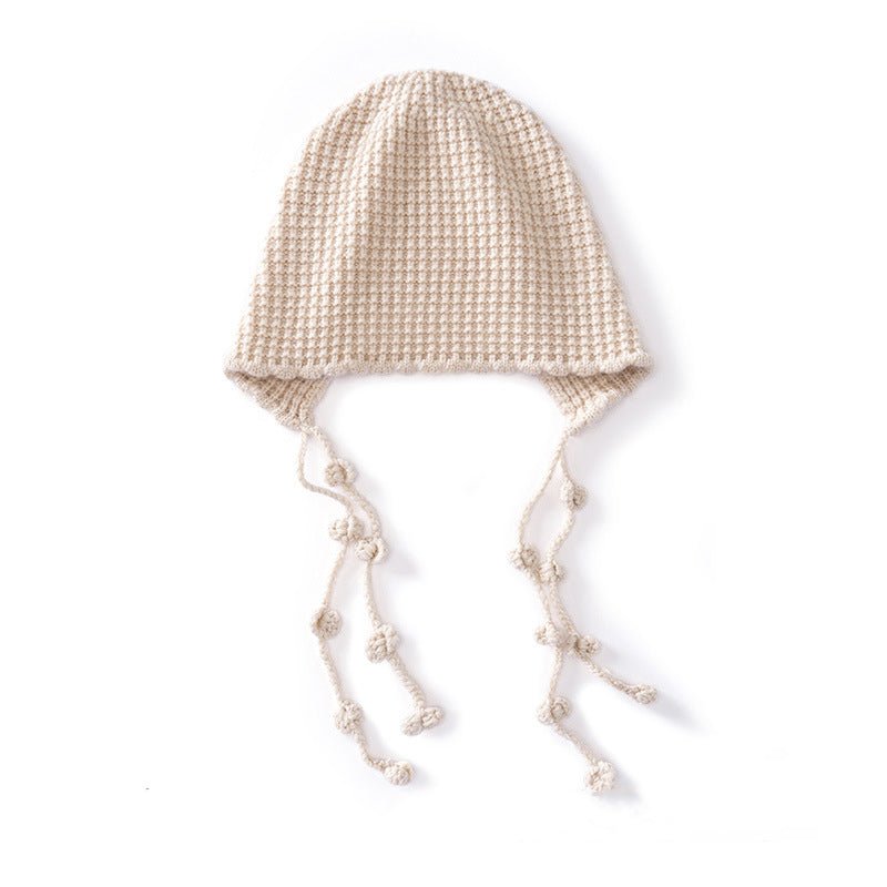 Womens Tassel Tie Cashmere Knit Hat Cashmere Beanie Dangling Ties Beige M