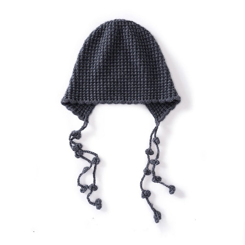 Womens Tassel Tie Cashmere Knit Hat Cashmere Beanie Dangling Ties Grey M