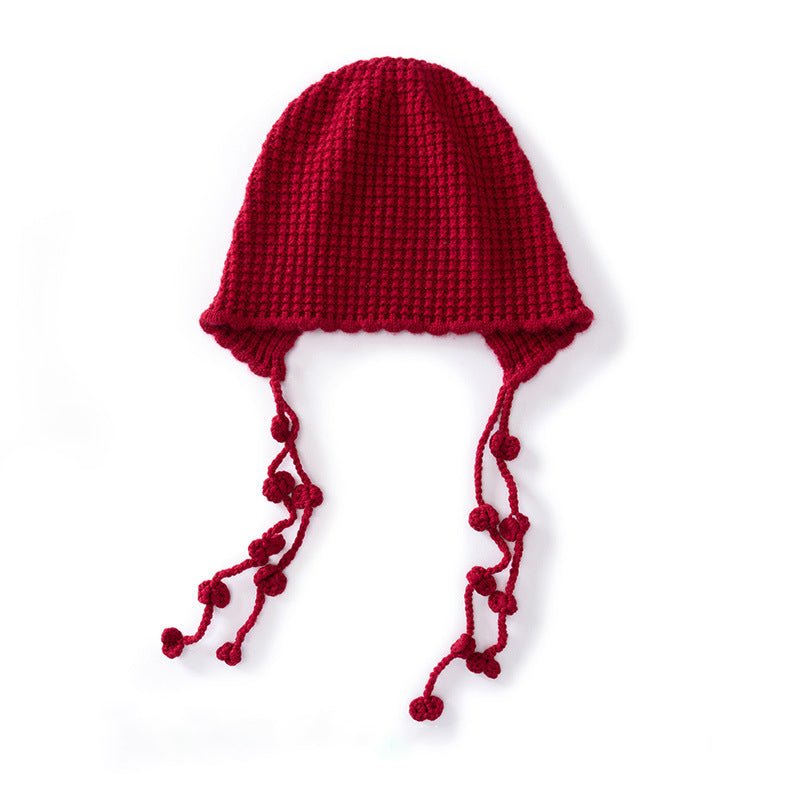 Womens Tassel Tie Cashmere Knit Hat Cashmere Beanie Dangling Ties Claret M