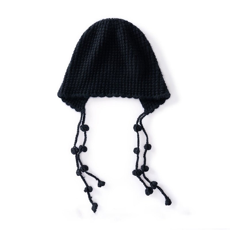 Womens Tassel Tie Cashmere Knit Hat Cashmere Beanie Dangling Ties Black M