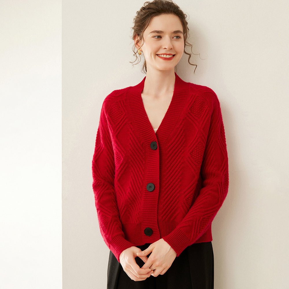 Womens Textured Cashmere Sweater V Neck Cashmere Button Cardigan Claret XS