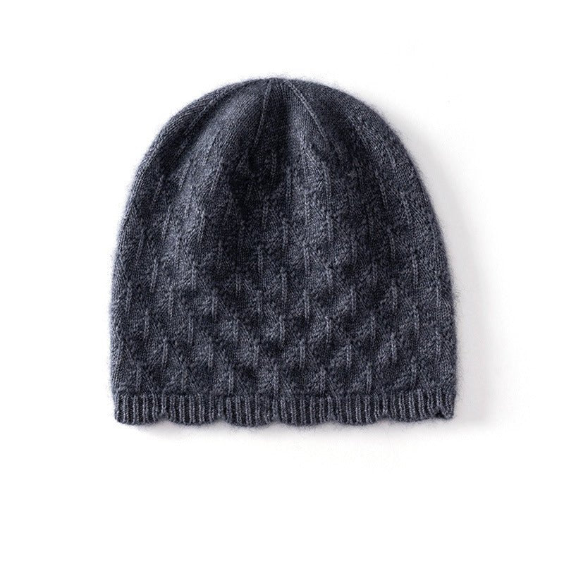 Womens Textured Knit Cashmere Beanie Patterned Pure Cashmere Cap Scalloped Edge Grey M