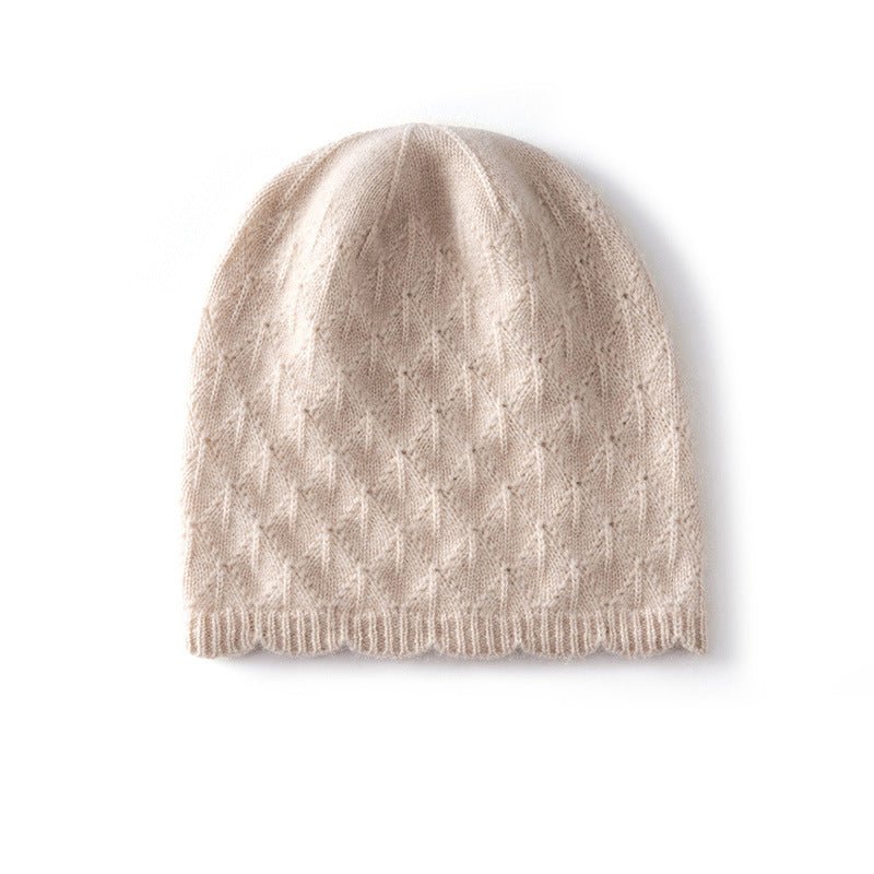 Womens Textured Knit Cashmere Beanie Patterned Pure Cashmere Cap Scalloped Edge Beige M