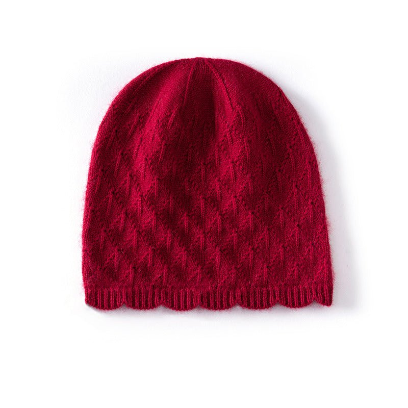 Womens Textured Knit Cashmere Beanie Patterned Pure Cashmere Cap Scalloped Edge Claret M