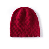 Womens Textured Knit Cashmere Beanie Patterned Pure Cashmere Cap Scalloped Edge Claret M