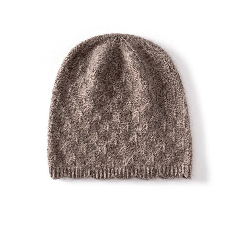 Womens Textured Knit Cashmere Beanie Patterned Pure Cashmere Cap Scalloped Edge Taupe M