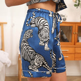 Women's Tiger Print Silk Pajamas Set Short Silk Sleepwear Navy Blue XS